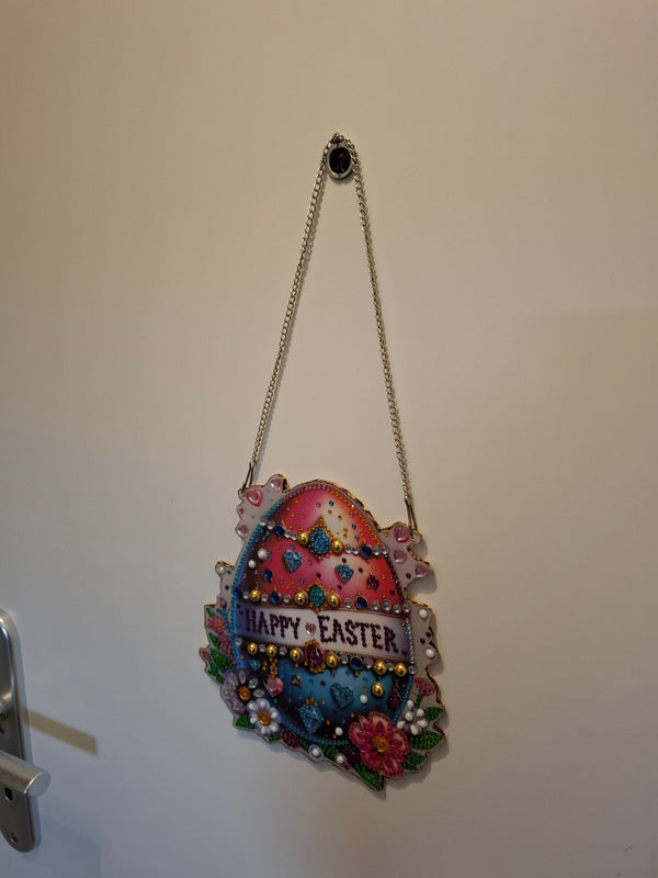 Diamond Painting Osterei „Happy Easter“ – Glitzerndes Wand- & Türschild mit Kette