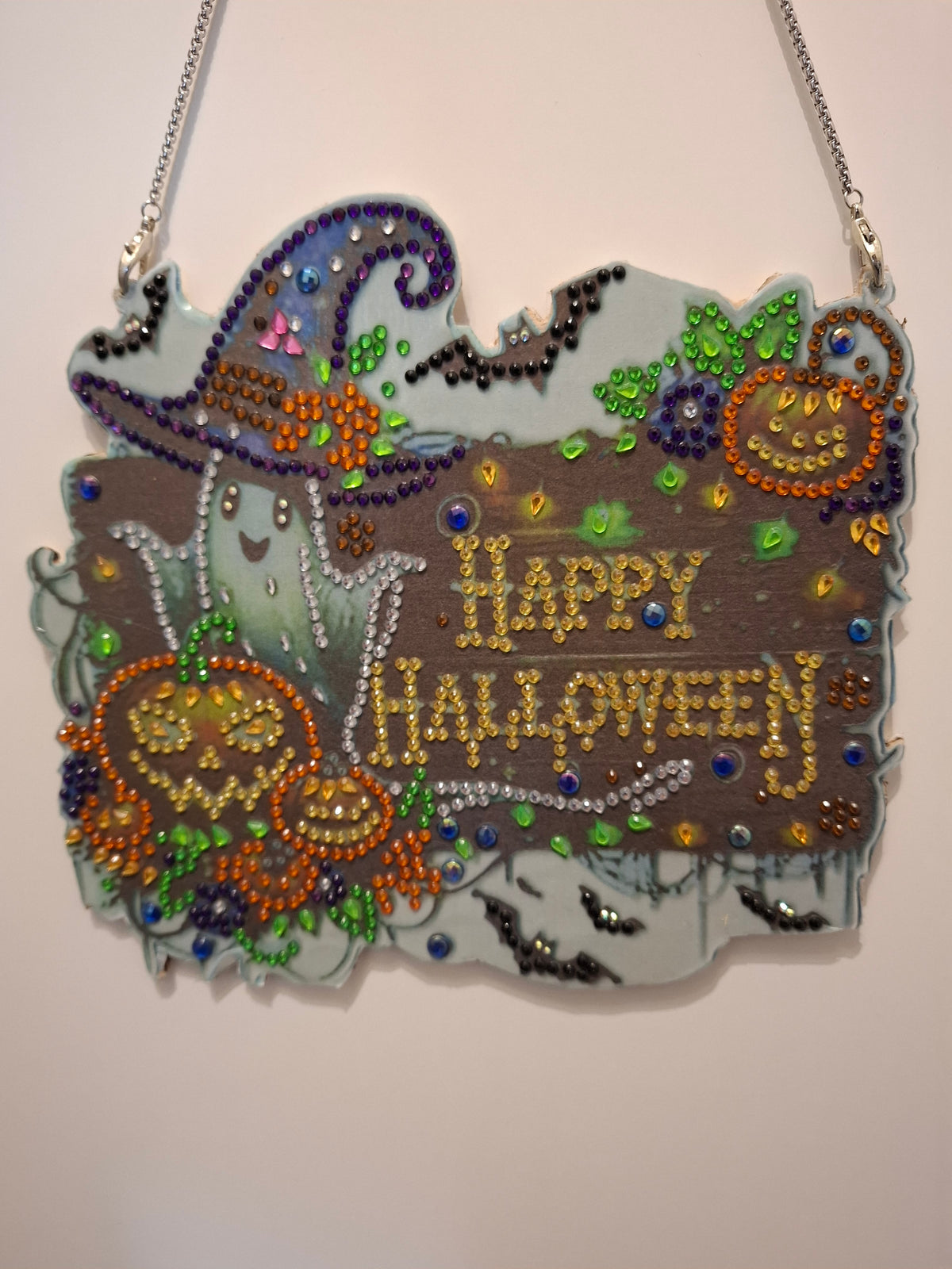 Diamond Painting Halloween-Türhänger „Happy Halloween“ – Glitzerndes Schild mit Geist, Kürbissen & Hexenhut