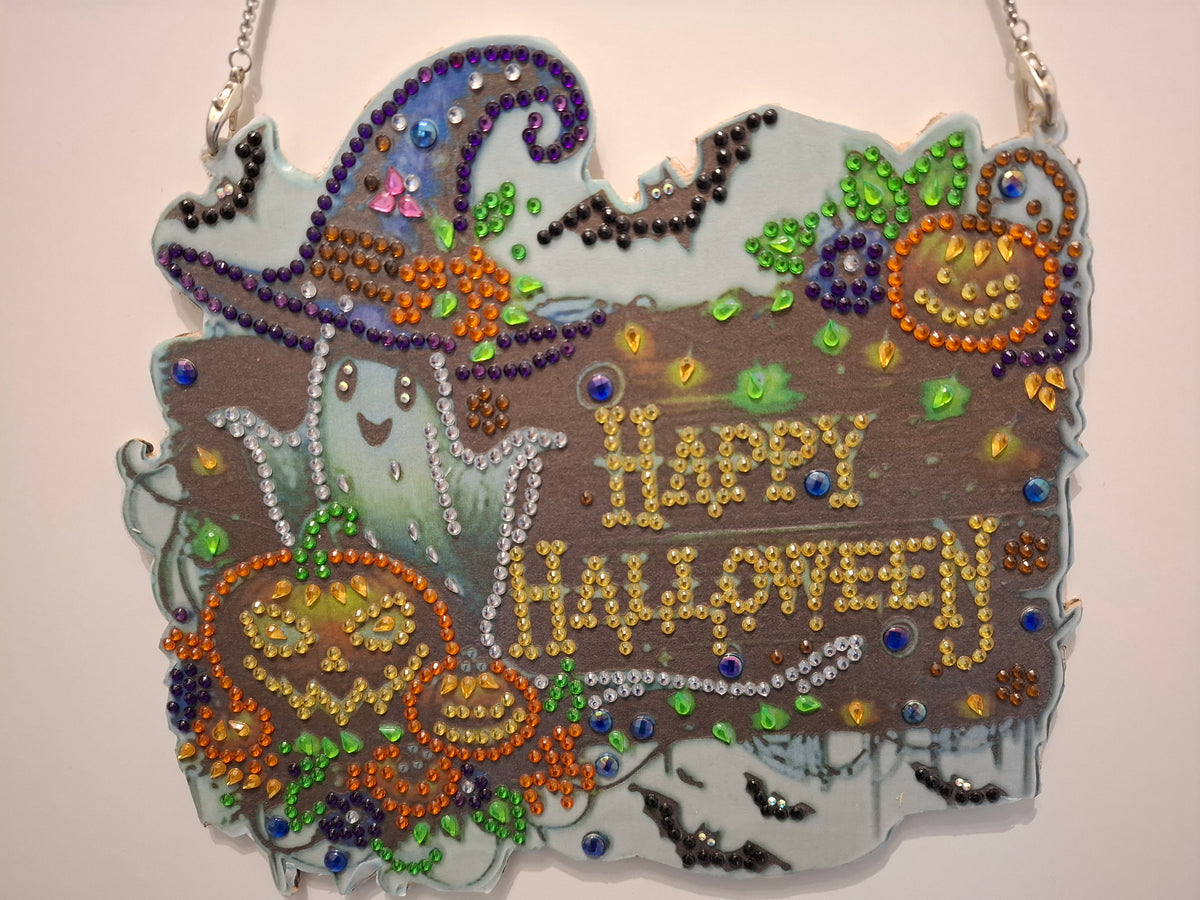 Diamond Painting Halloween-Türhänger „Happy Halloween“ – Glitzerndes Schild mit Geist, Kürbissen & Hexenhut