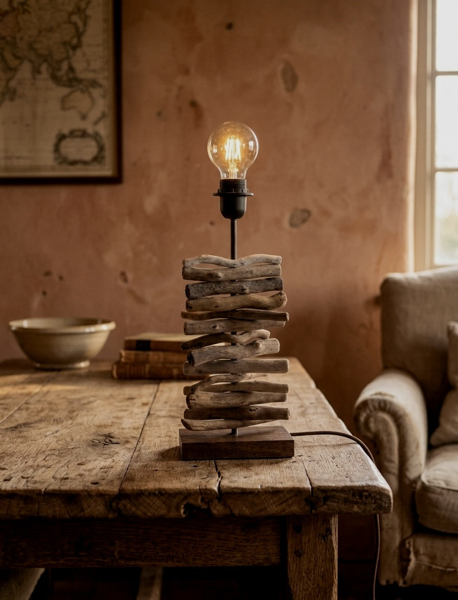 Handgefertigte Treibholz-Tischlampe (40 cm) im Boho- & Skandi-Stil