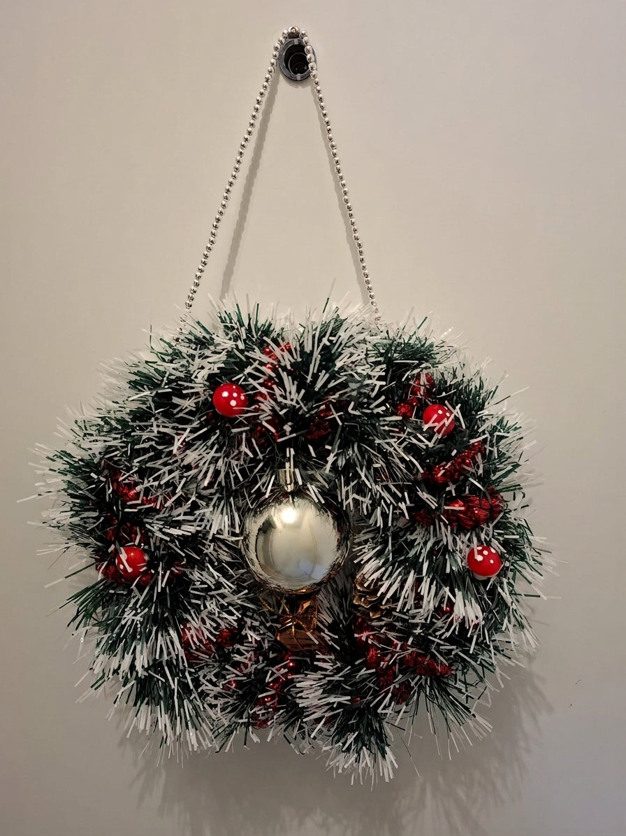 Weihnachtlicher Türkranz „Silberkugel“ – Verschneiter Tannenkranz mit Kugel, Fliegenpilzen & roten Glitzerzapfen