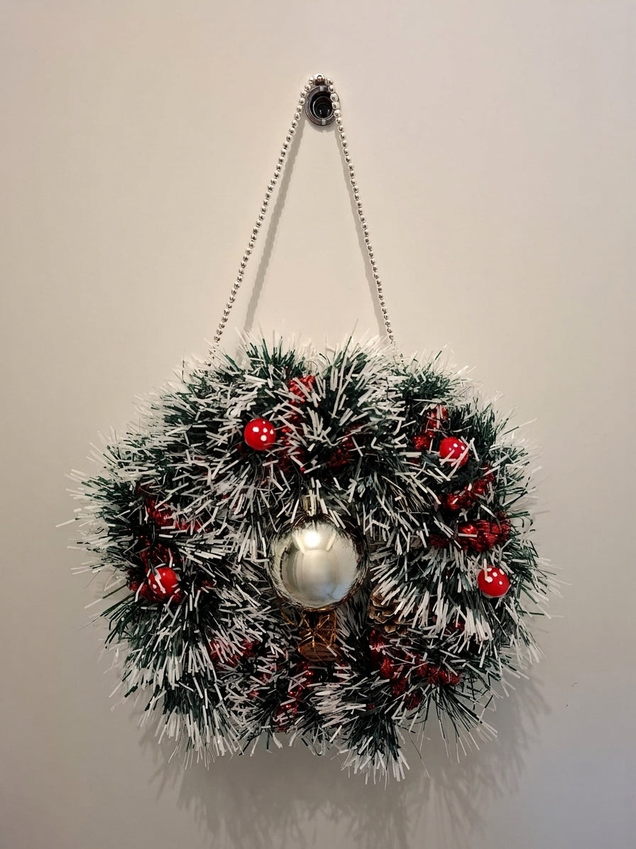 Weihnachtlicher Türkranz „Silberkugel“ – Verschneiter Tannenkranz mit Kugel, Fliegenpilzen & roten Glitzerzapfen